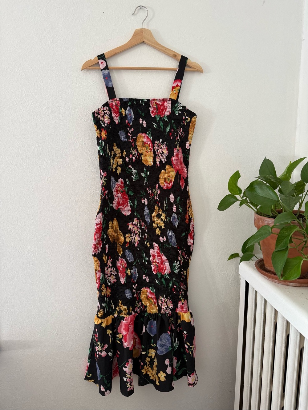 Black Floral Smocked Midi Dress - Pink & Yellow Floral